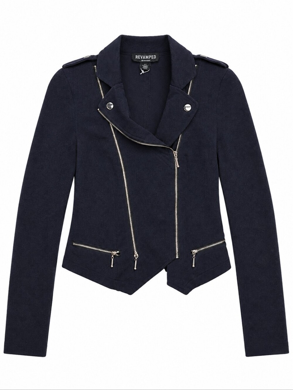 Revamped Women's Dark Navy Asymmetrical Zip Moto Jacket